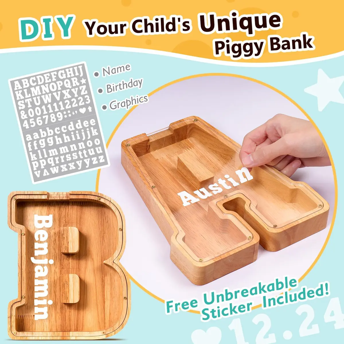 summidate Wooden Letter Piggy Bank for Kids, Clear 9" Alphabet B Money Bank | Organic Wood Savings Box - view 3