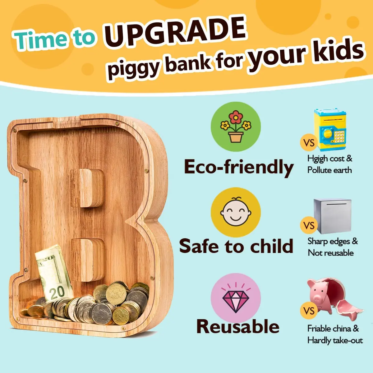 summidate Wooden Letter Piggy Bank for Kids, Clear 9" Alphabet B Money Bank | Organic Wood Savings Box - view 4