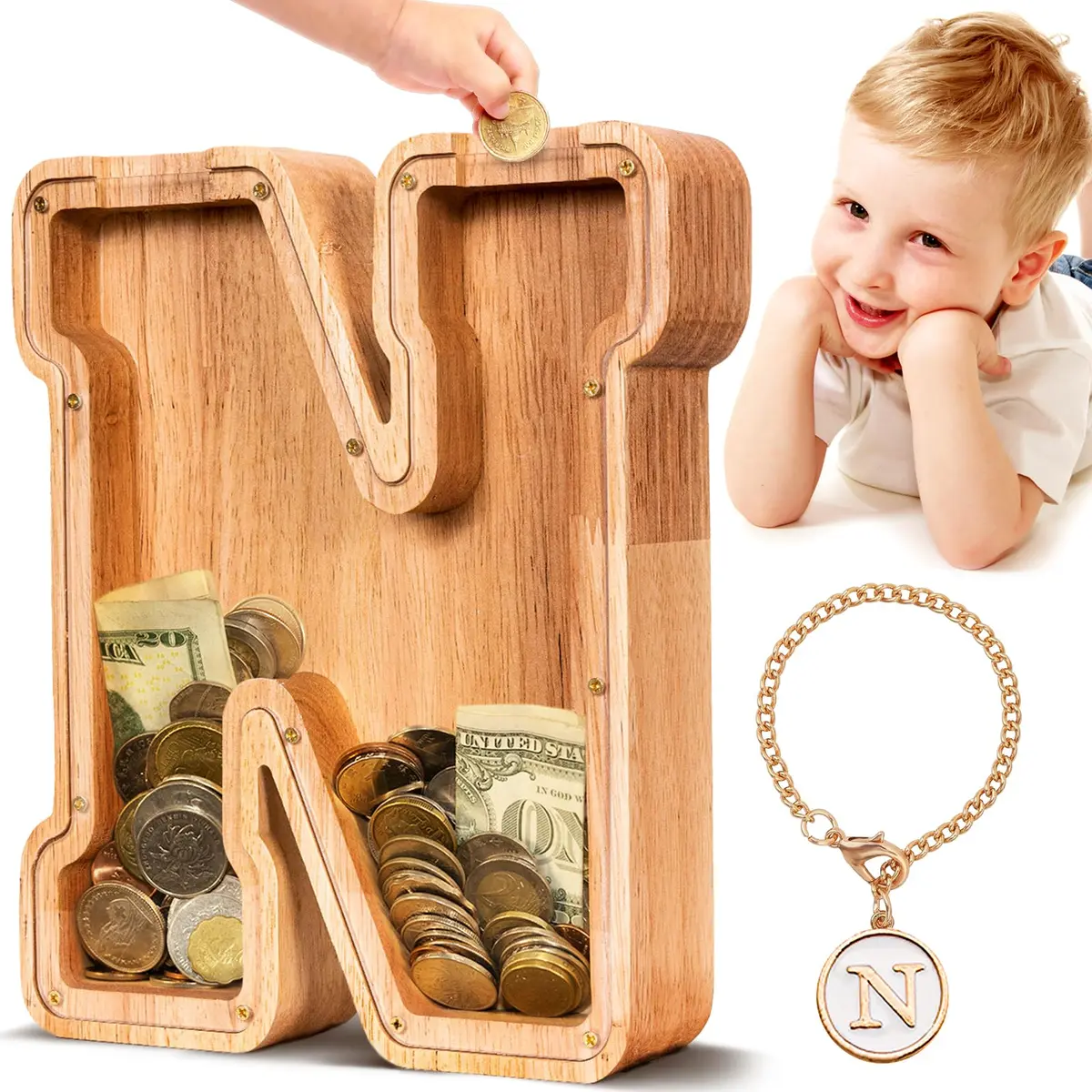 summidate Wooden Letter Piggy Bank for Kids, Clear 9" Alphabet N Money Bank | Organic Wood & Acrylic - main product image