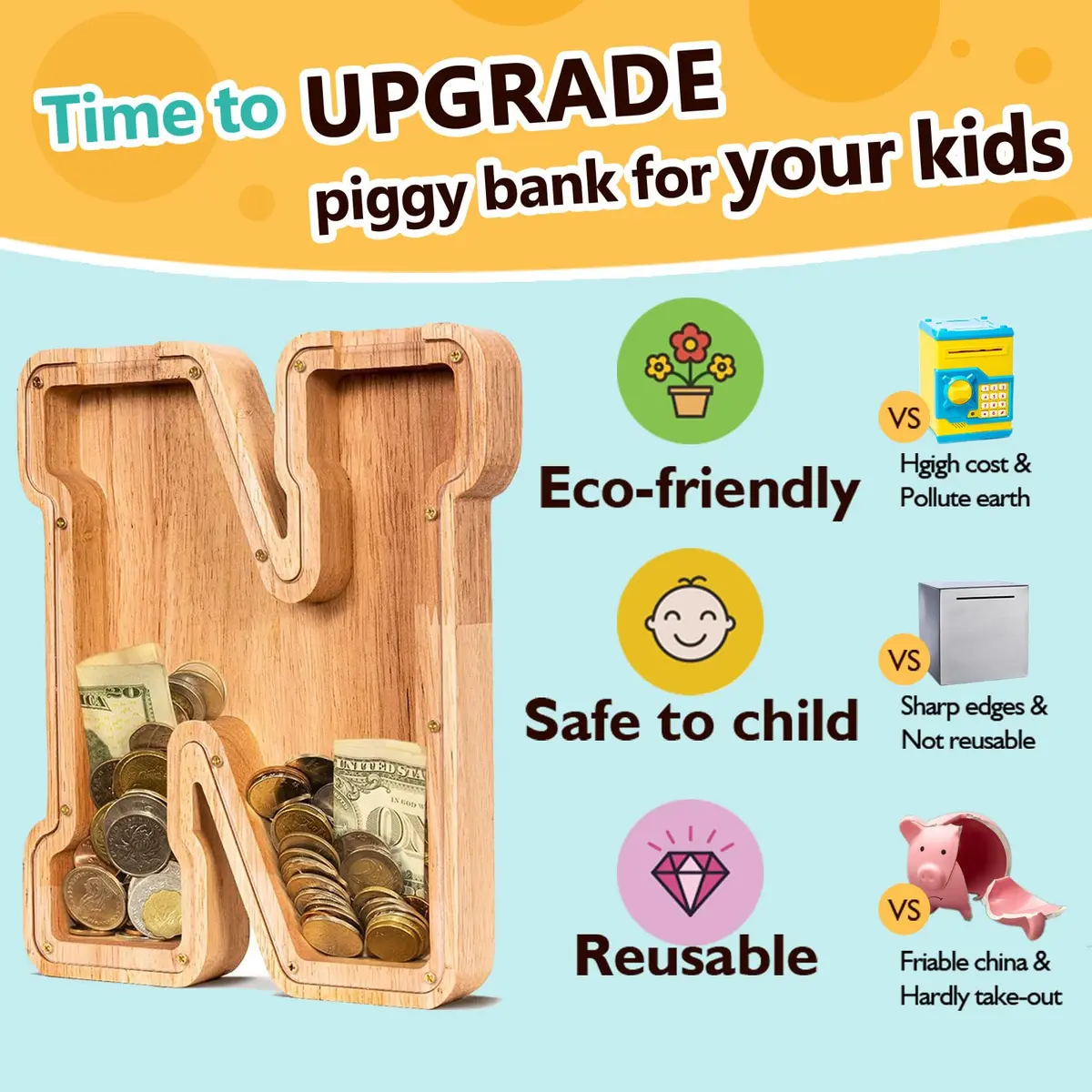 summidate Wooden Letter Piggy Bank for Kids, Clear 9" Alphabet N Money Bank | Organic Wood & Acrylic - view 5