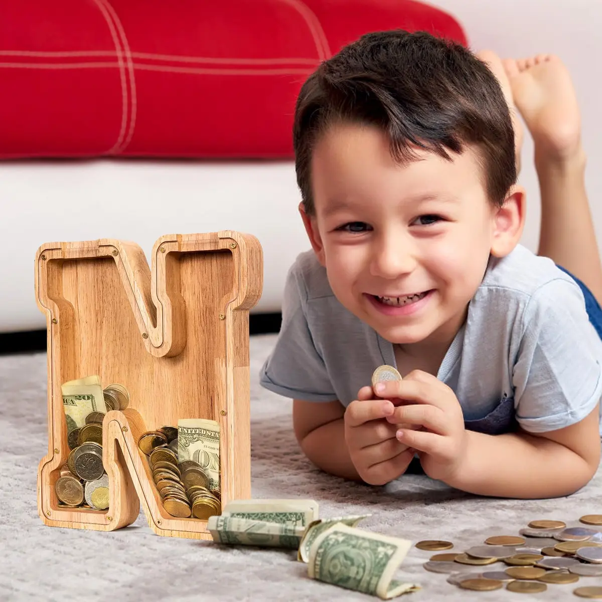 summidate Wooden Letter Piggy Bank for Kids, Clear 9" Alphabet N Money Bank | Organic Wood & Acrylic - view 6