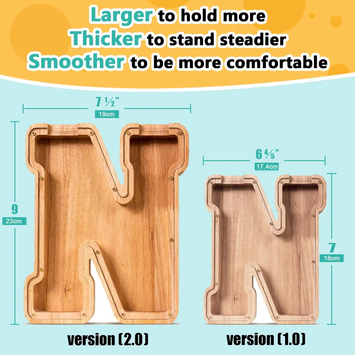 summidate Wooden Letter Piggy Bank for Kids, Clear 9" Alphabet N Money Bank | Organic Wood & Acrylic - view 2