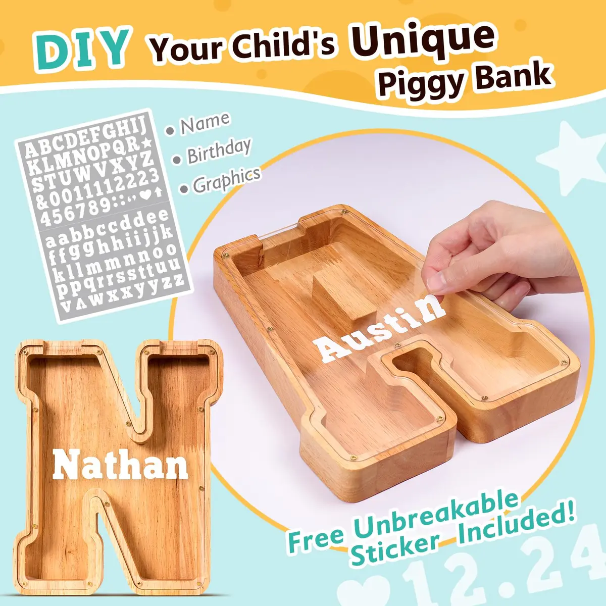 summidate Wooden Letter Piggy Bank for Kids, Clear 9" Alphabet N Money Bank | Organic Wood & Acrylic - view 3