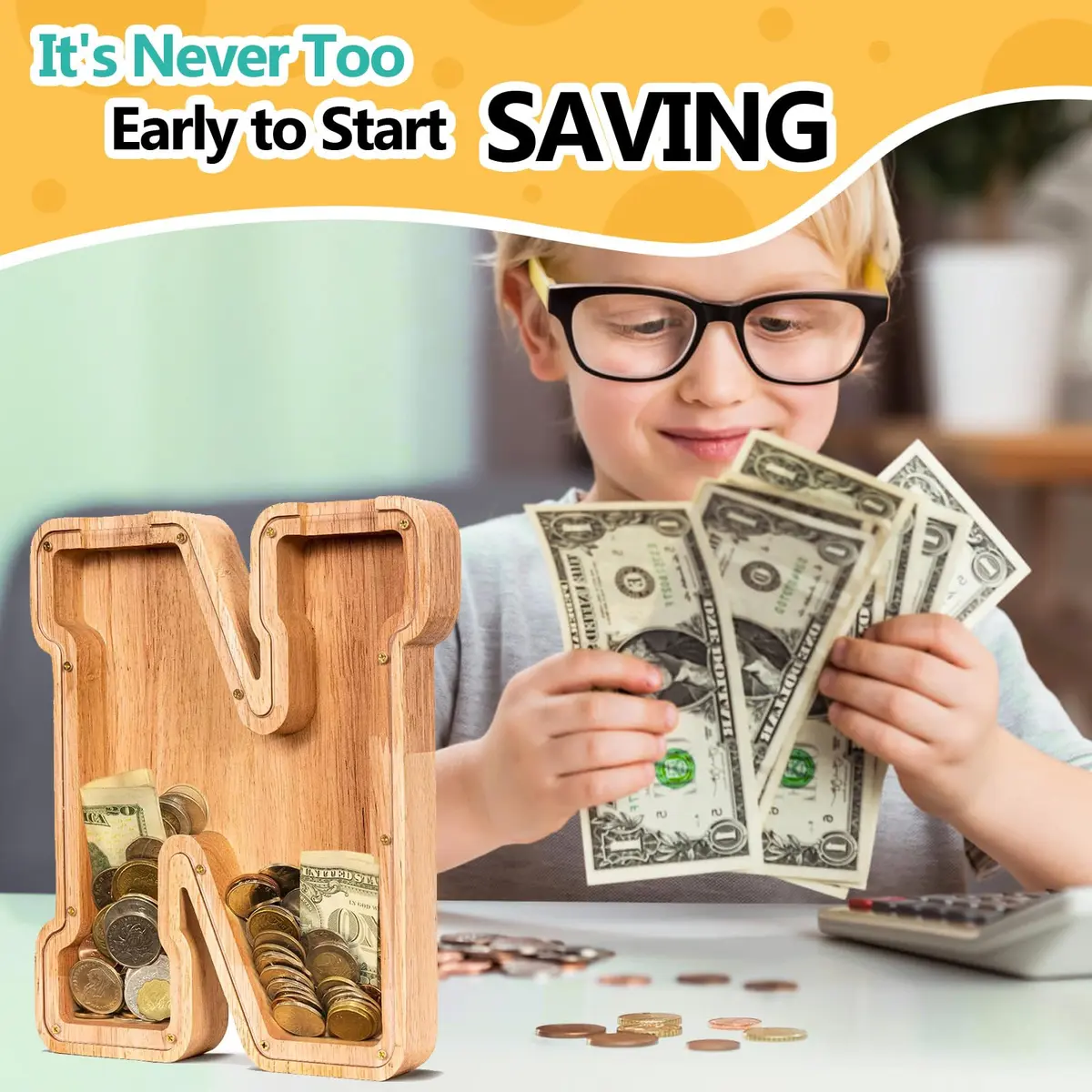 summidate Wooden Letter Piggy Bank for Kids, Clear 9" Alphabet N Money Bank | Organic Wood & Acrylic - view 4