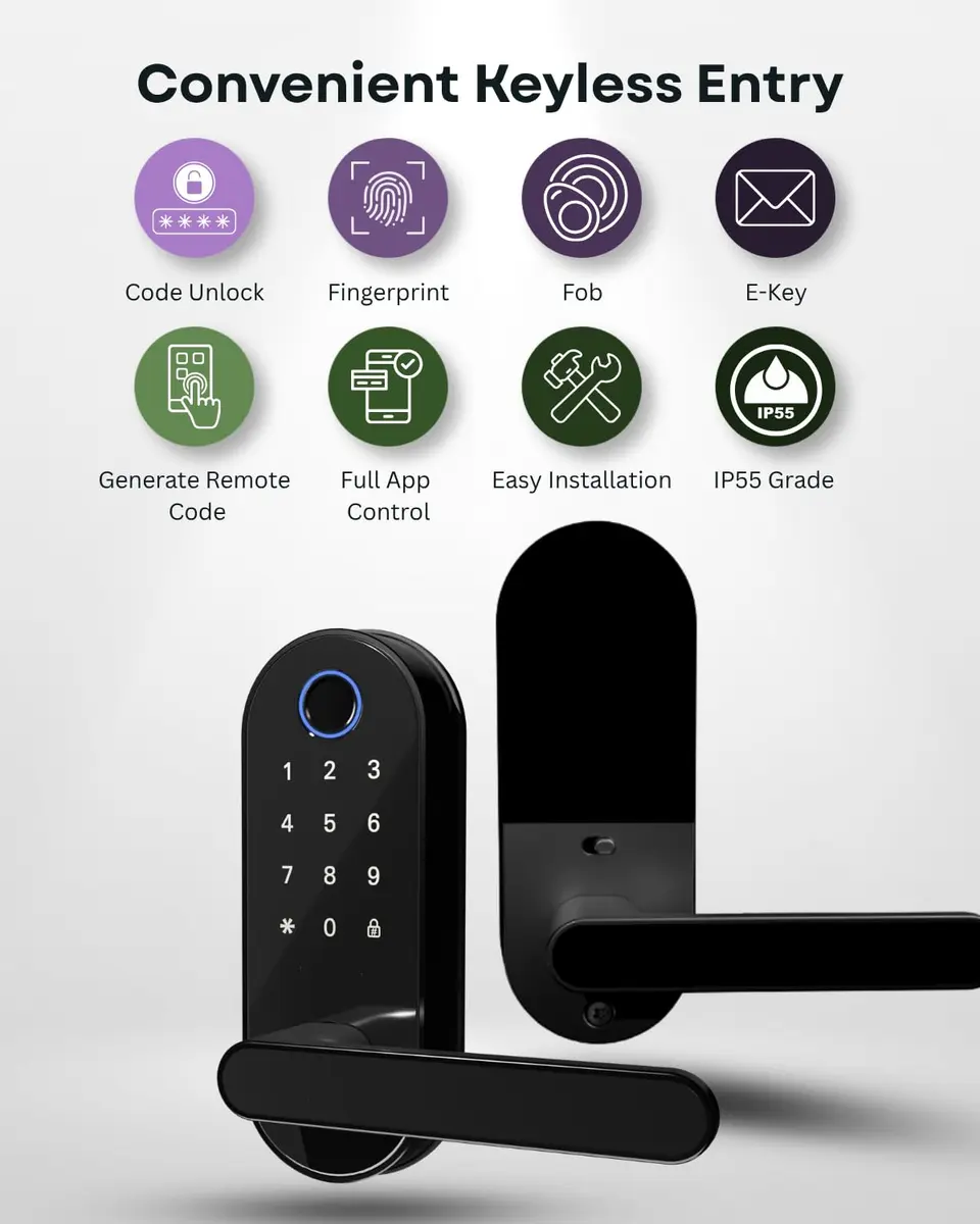 Dermum Black Fingerprint Digital Smart Lock with Handle & Keypad | App Control Biometric Deadbolt Door Knob - view 4