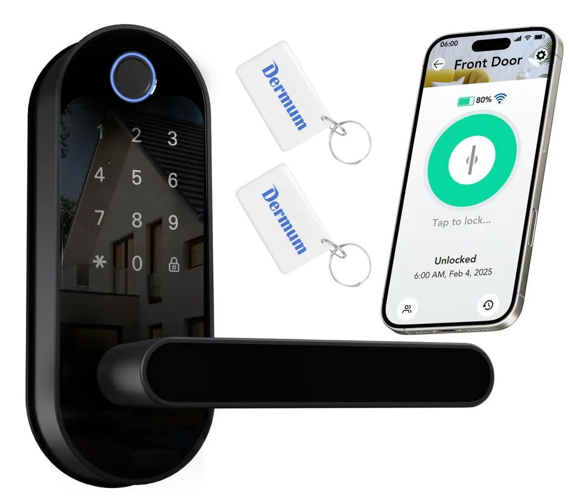 Dermum Black Fingerprint Digital Smart Lock with Handle & Keypad | App Control Biometric Deadbolt Door Knob - main product image