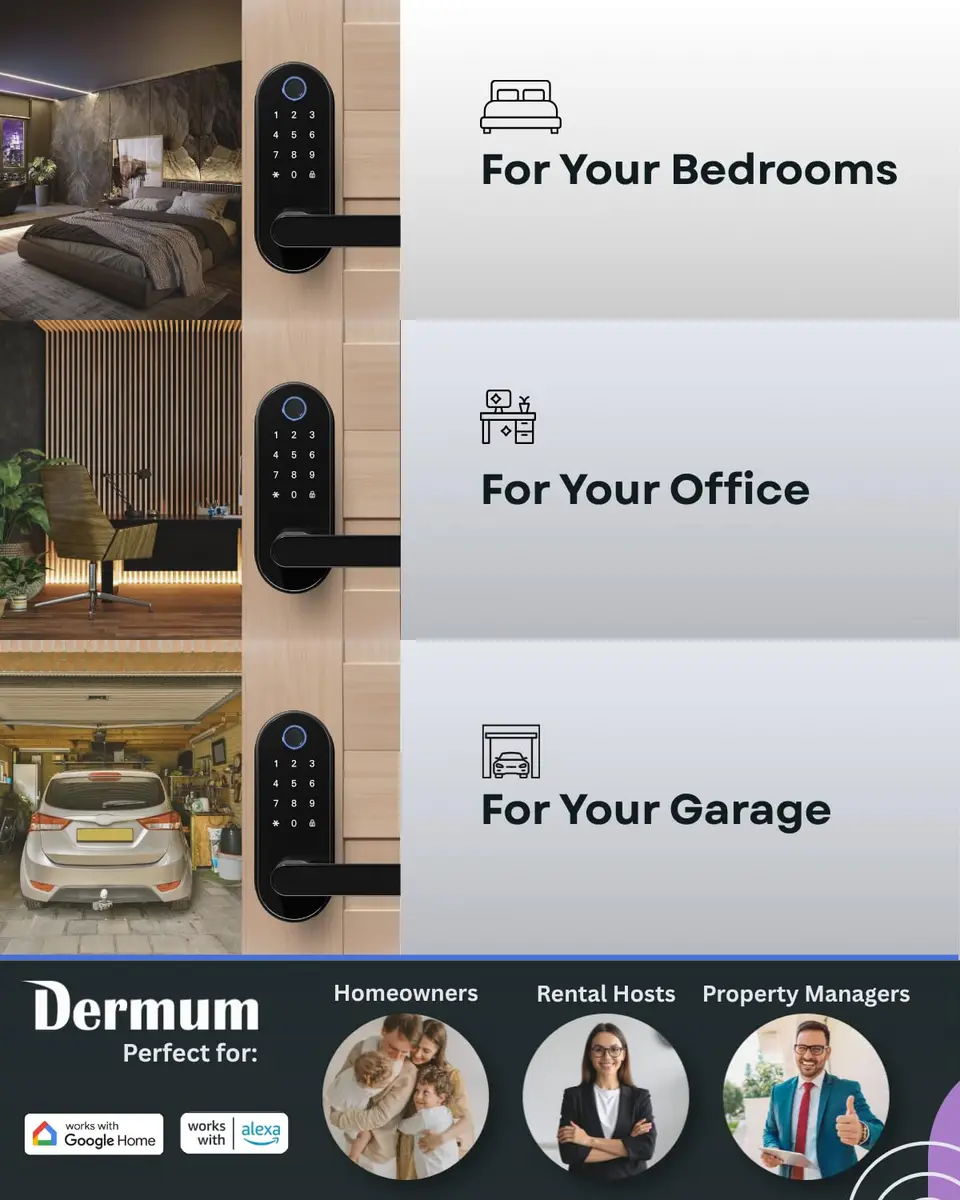 Dermum Black Fingerprint Digital Smart Lock with Handle & Keypad | App Control Biometric Deadbolt Door Knob - view 2