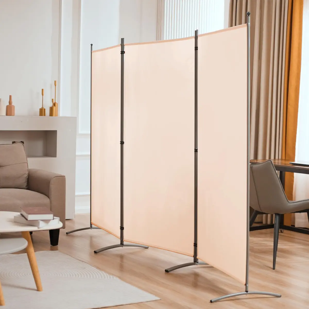 Spurgehom 3 Panel Folding Room Divider Privacy Screen 208 cm (102" W x 71" H) | Freestanding Beige Fabric Partition - view 6