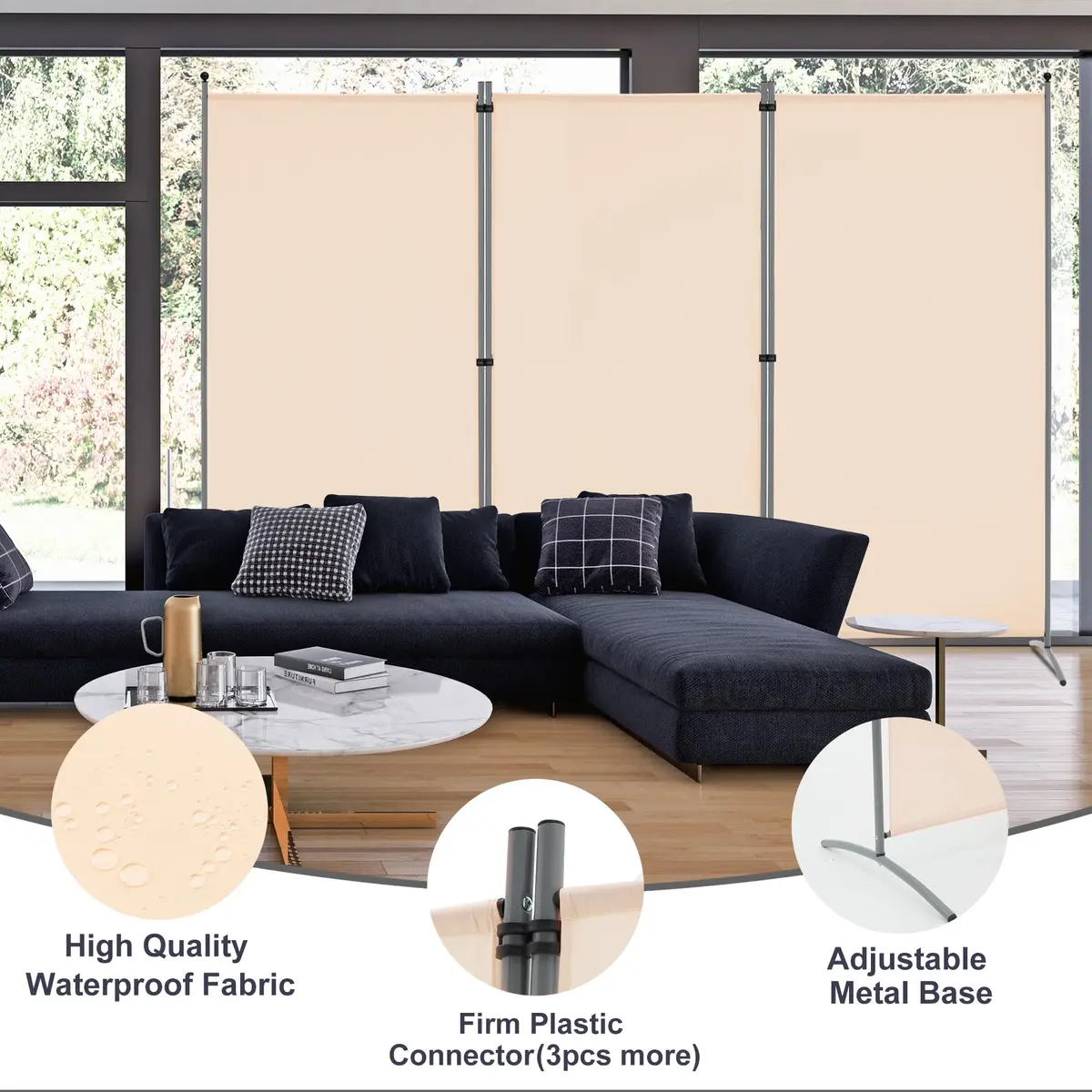Spurgehom 3 Panel Folding Room Divider Privacy Screen 208 cm (102" W x 71" H) | Freestanding Beige Fabric Partition - view 2