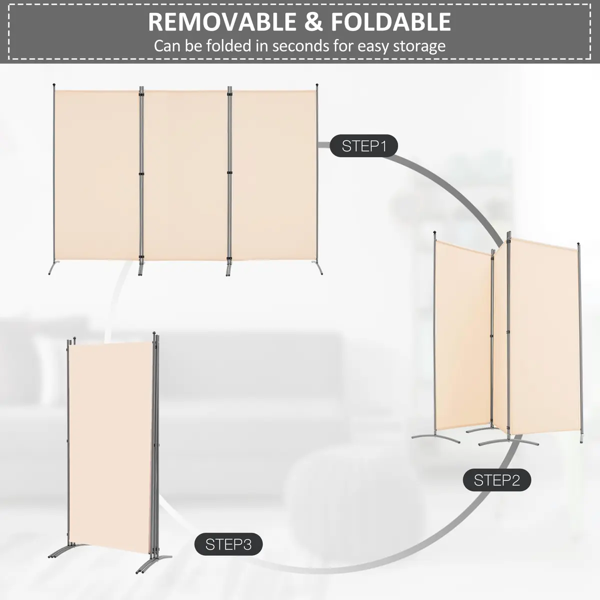 Spurgehom 3 Panel Folding Room Divider Privacy Screen 208 cm (102" W x 71" H) | Freestanding Beige Fabric Partition - view 3