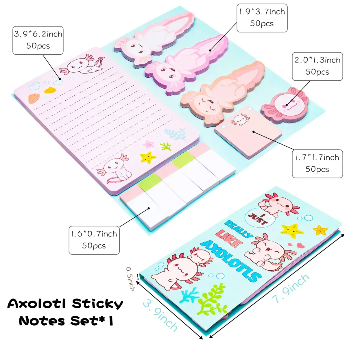 Xqumoi Axolotl Sticky Notes Set, 550 Sheets, Animal Mexican Walking Fish Shaped Self-Stick Notes Pads | Cute Teacher Gift - main product image
