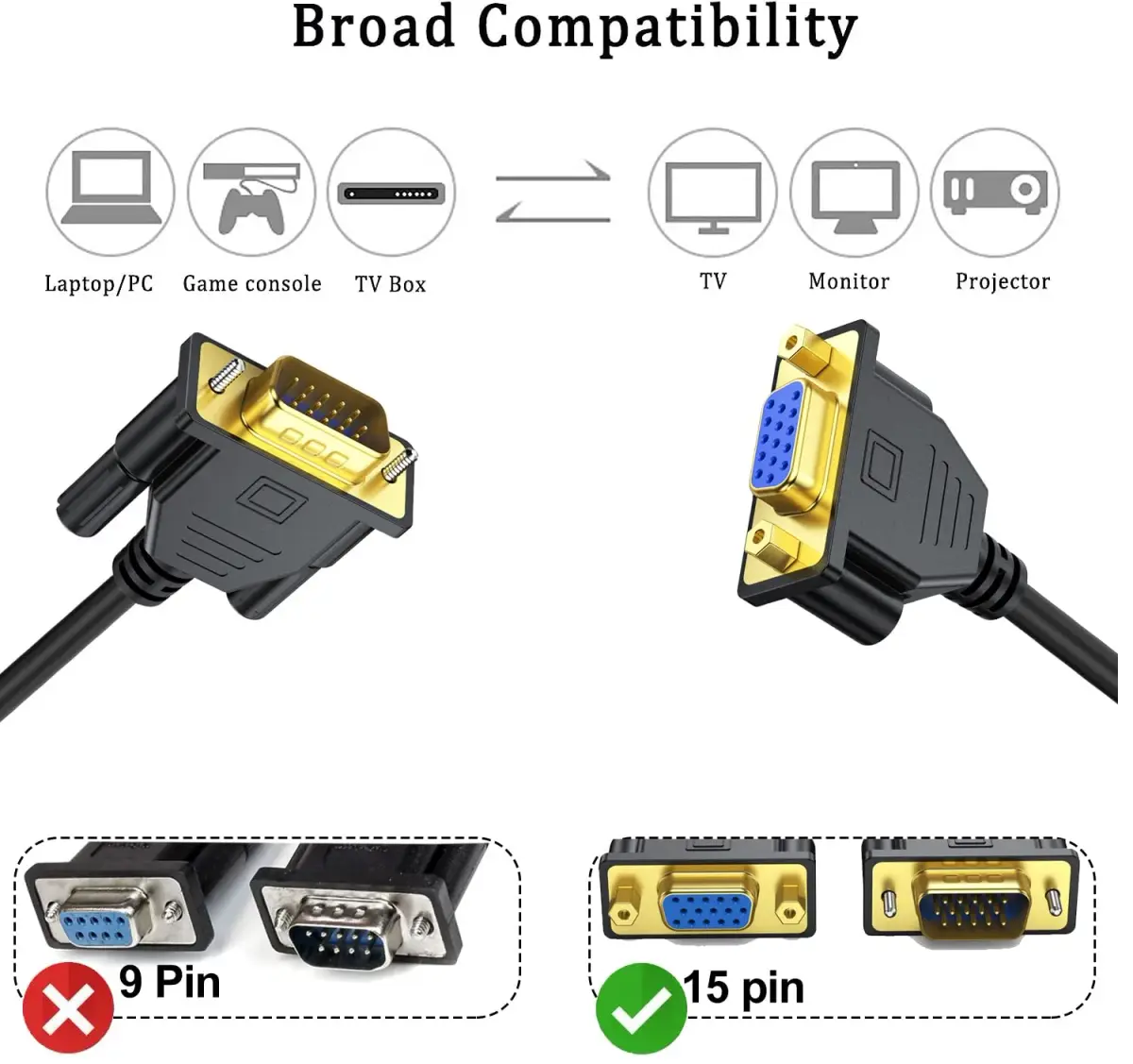 UV-CABLE 3FT VGA Extension Cable 2-Pack Male to Female Cord Extender Cable 0.91 m (3 ft) | 1080p HD Video Transmission - view 2