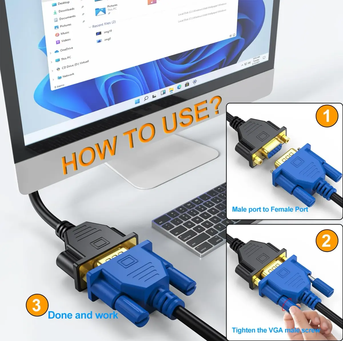 UV-CABLE 3FT VGA Extension Cable 2-Pack Male to Female Cord Extender Cable 0.91 m (3 ft) | 1080p HD Video Transmission - view 3