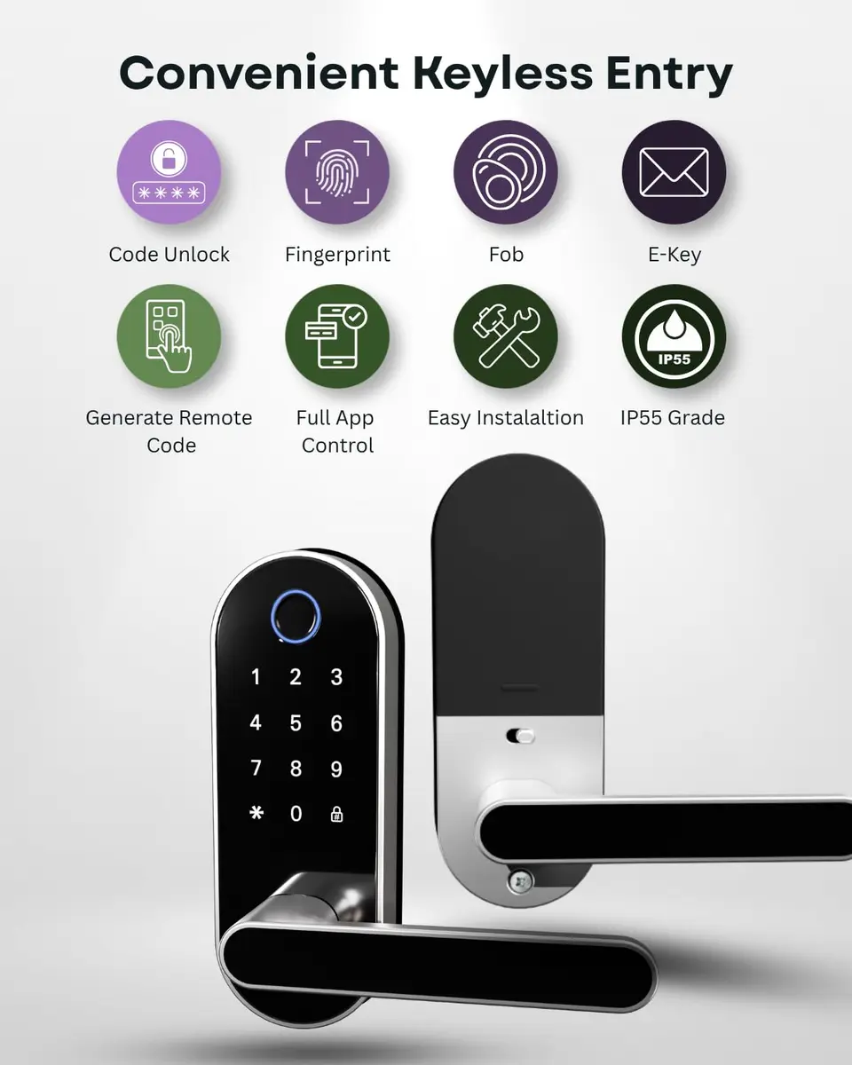 Dermum Smart Digital Door Lock with Handle & Keypad, Fingerprint Biometric Deadbolt - Silver - view 2