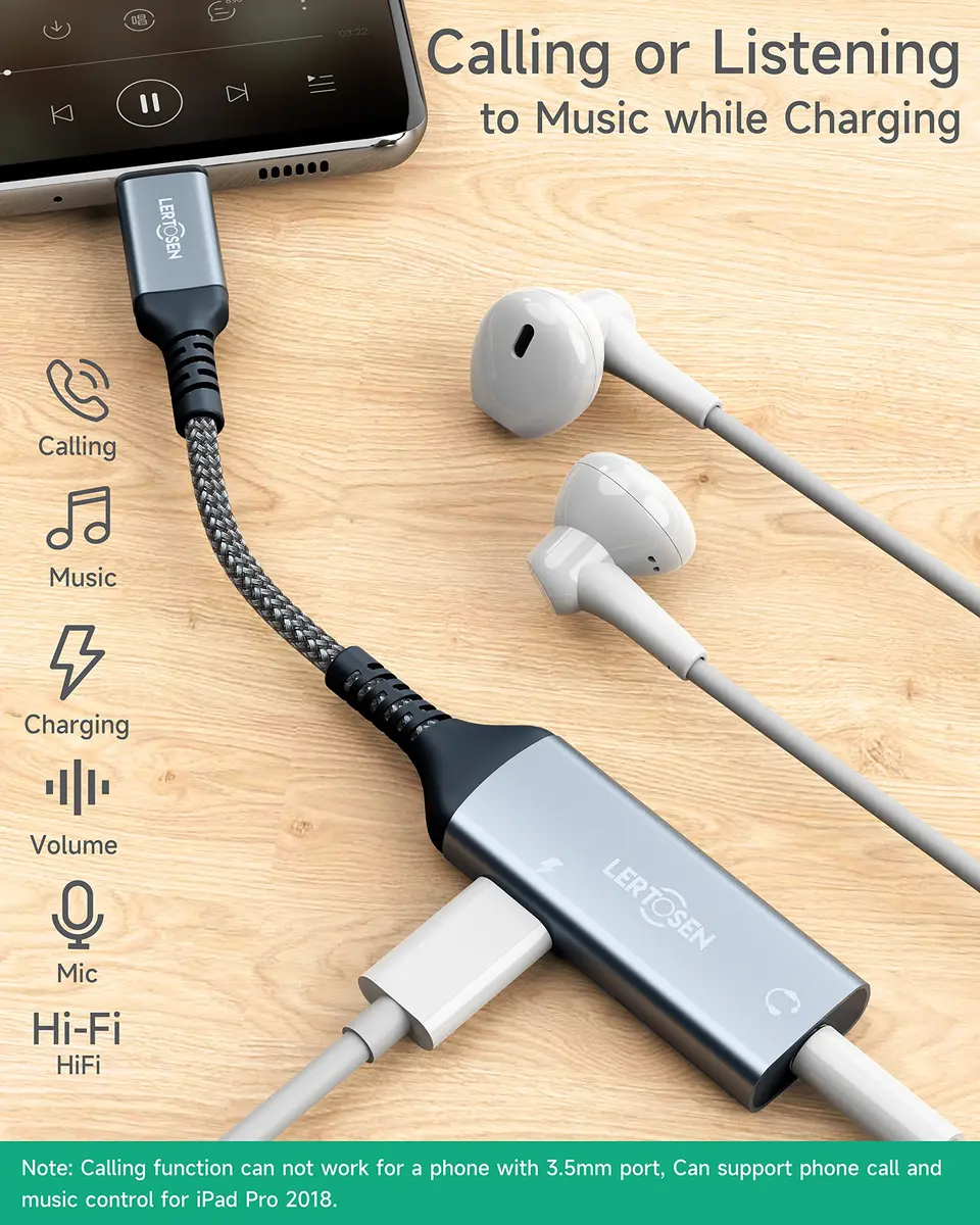 LERTOSEN USB C to 3.5mm Headphone Jack & Charger Adapter | Hi-Res Audio & 60W PD Fast Charging - view 2
