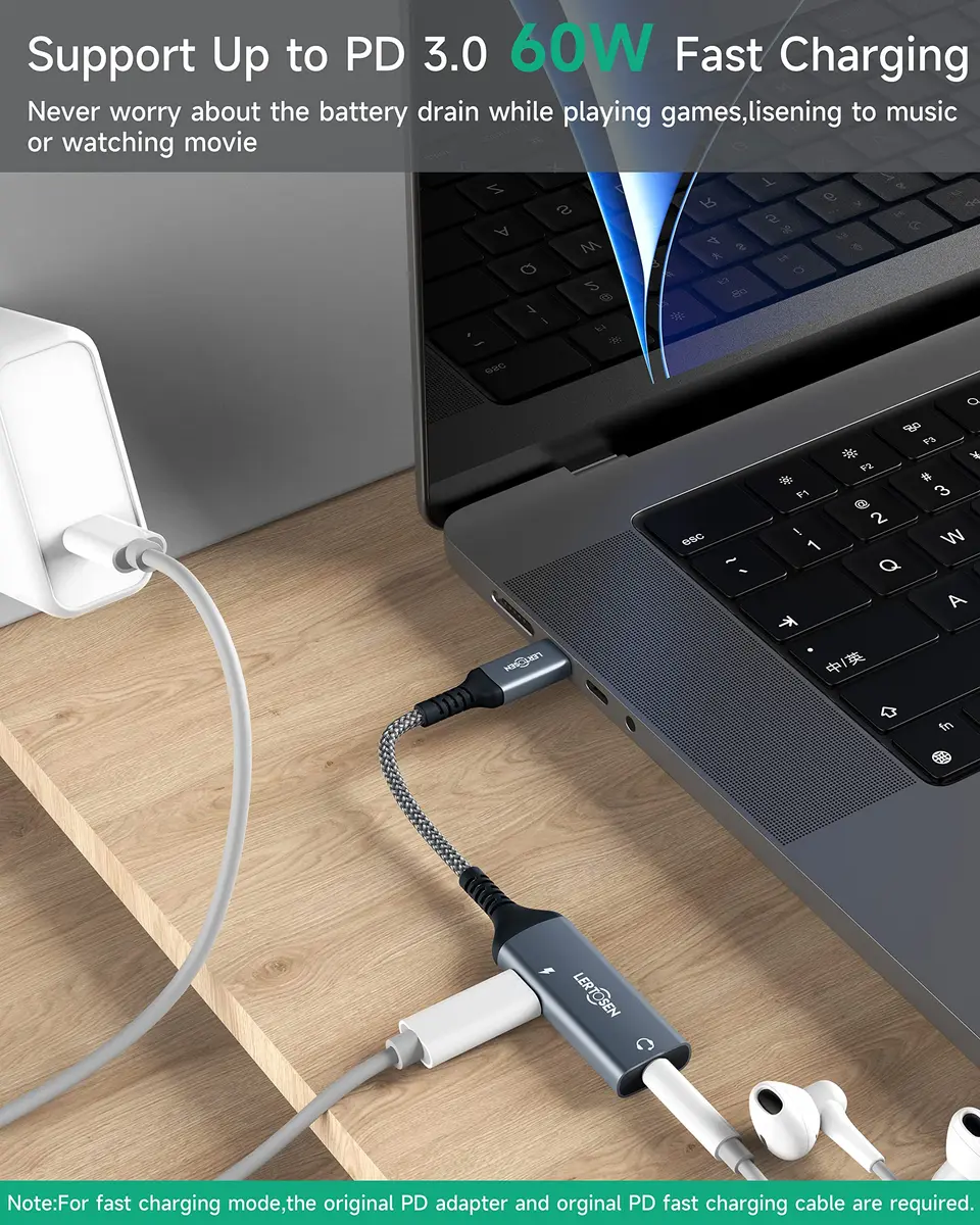 LERTOSEN USB C to 3.5mm Headphone Jack & Charger Adapter | Hi-Res Audio & 60W PD Fast Charging - view 4