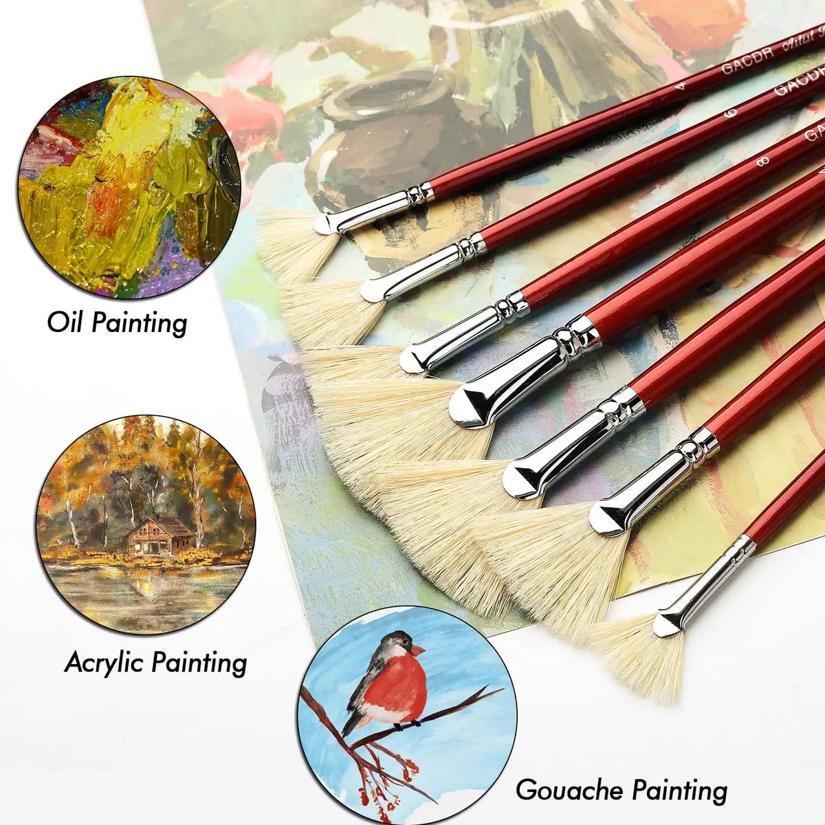 GACDR Fan Brush Set, 7 Hog Bristle Brushes for Acrylic & Oil Painting | Natural Hog Bristle, Long Wood Handles - view 6