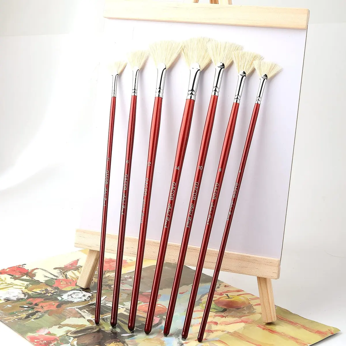 GACDR Fan Brush Set, 7 Hog Bristle Brushes for Acrylic & Oil Painting | Natural Hog Bristle, Long Wood Handles - view 7