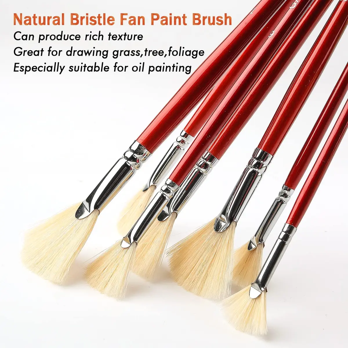 GACDR Fan Brush Set, 7 Hog Bristle Brushes for Acrylic & Oil Painting | Natural Hog Bristle, Long Wood Handles - view 3