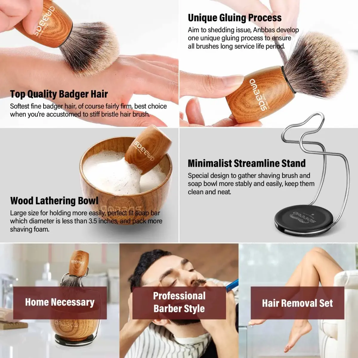 Anbbas 3-in-1 Badger Hair Shaving Brush Set with Stand and Lathering Bowl | Smooth Wet Shave for Men - view 3