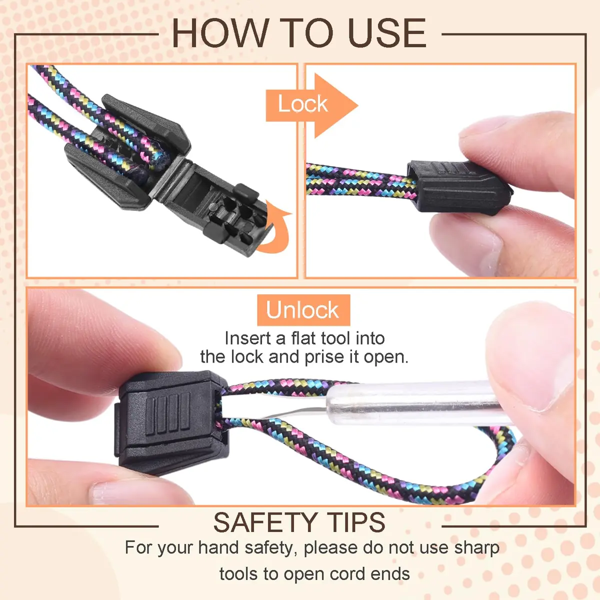 CooBigo Plastic Paracord Zipper Pulls Cord End Cap 50pcs | Elastic Shoelace Lock Drawstring Black - view 3