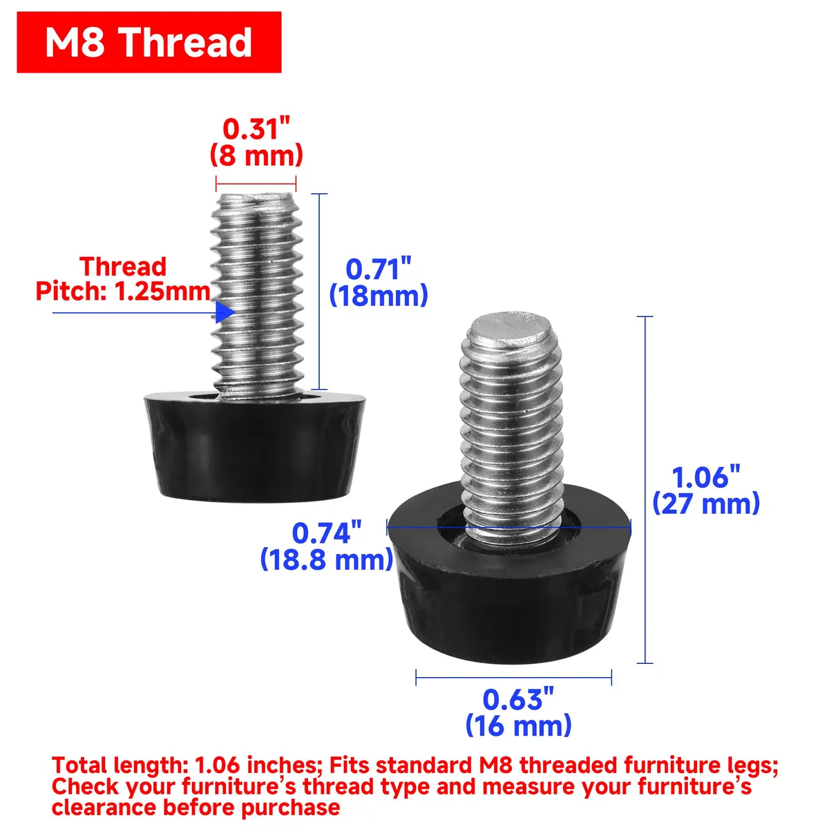 EZALOR M8 Thread Furniture Levelers 20 pcs | Adjustable Stainless Steel Screws for Light Duty Furniture - view 7