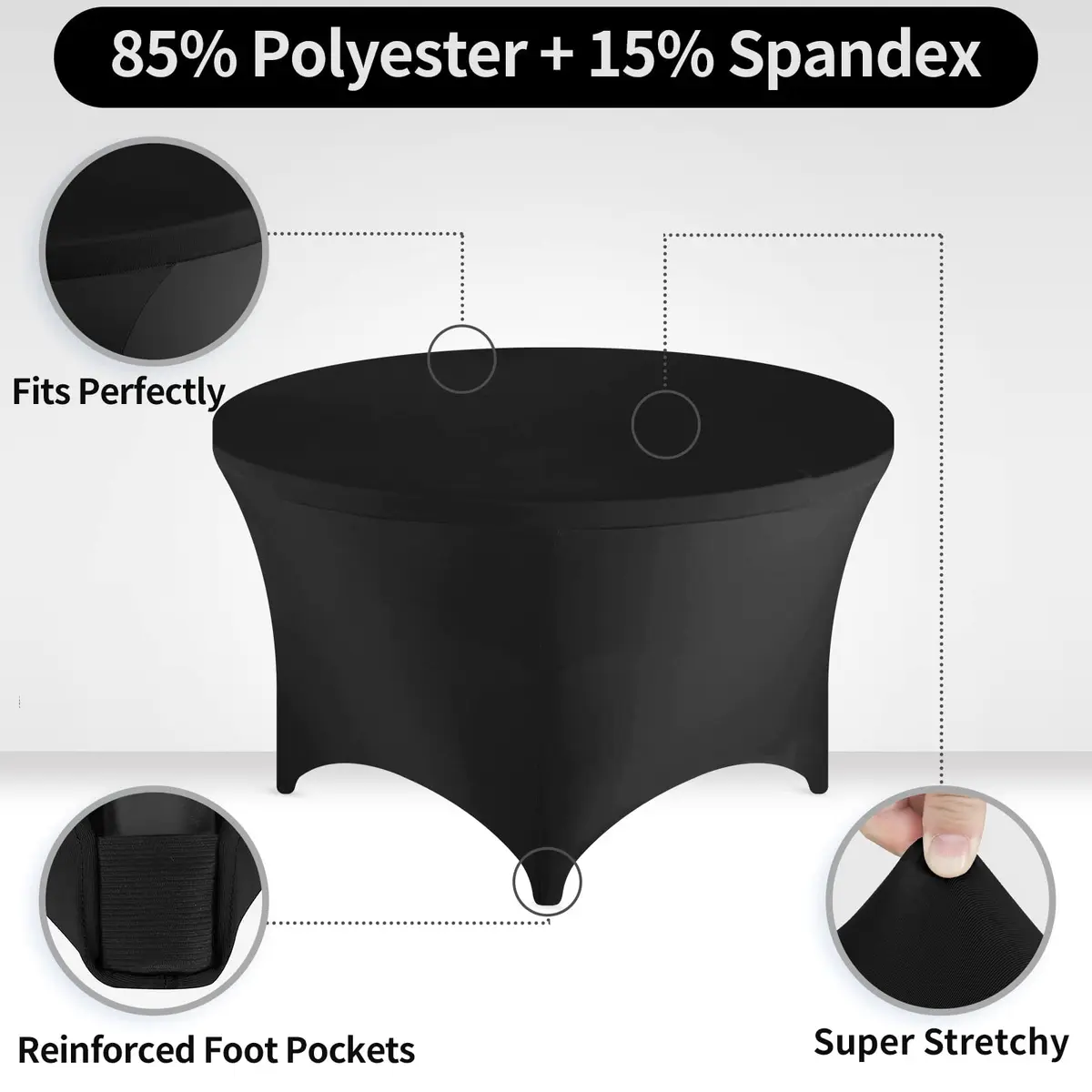 FestiCorp 60 Inch Round Fitted Tablecloth Black | Wrinkle-Free Stretch Cover for Indoor & Outdoor Use - view 4
