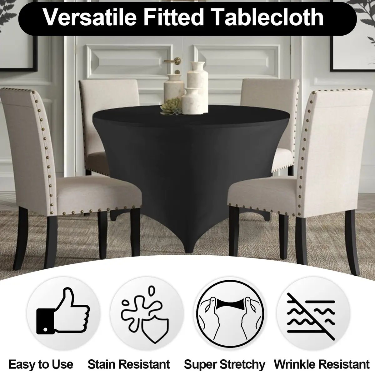 FestiCorp 60 Inch Round Fitted Tablecloth Black | Wrinkle-Free Stretch Cover for Indoor & Outdoor Use - view 2