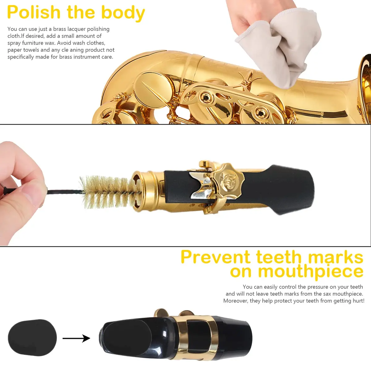 Eison Saxophone Cleaning Kit with Case for Alto, Tenor, Clarinet, Flute, Trumpet - 8PCS Mouthpiece Cushions & Microfiber Cloths (Beige) - view 3
