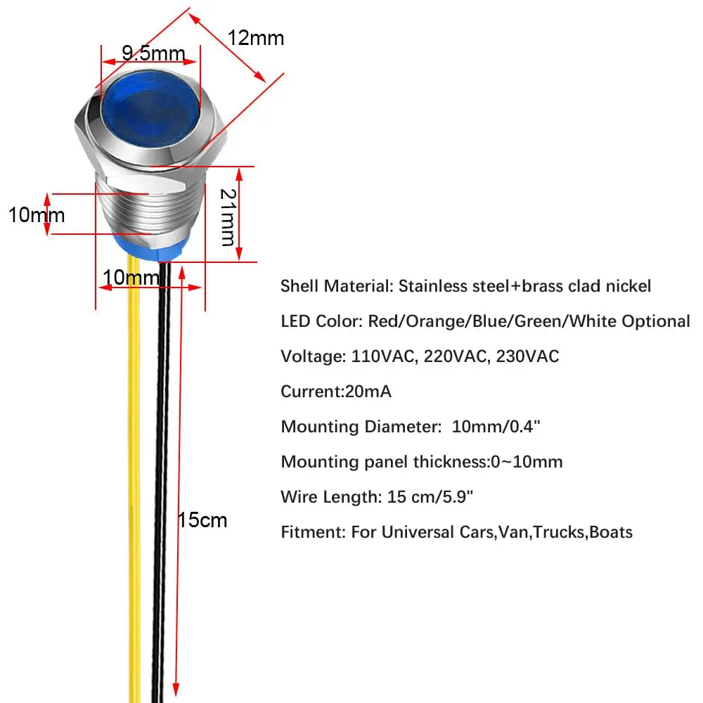 Gebeldet Blue 5pcs 10mm LED Metal Indicator Light 230VAC (0.82 inch) | Waterproof Signal Lamp - view 6
