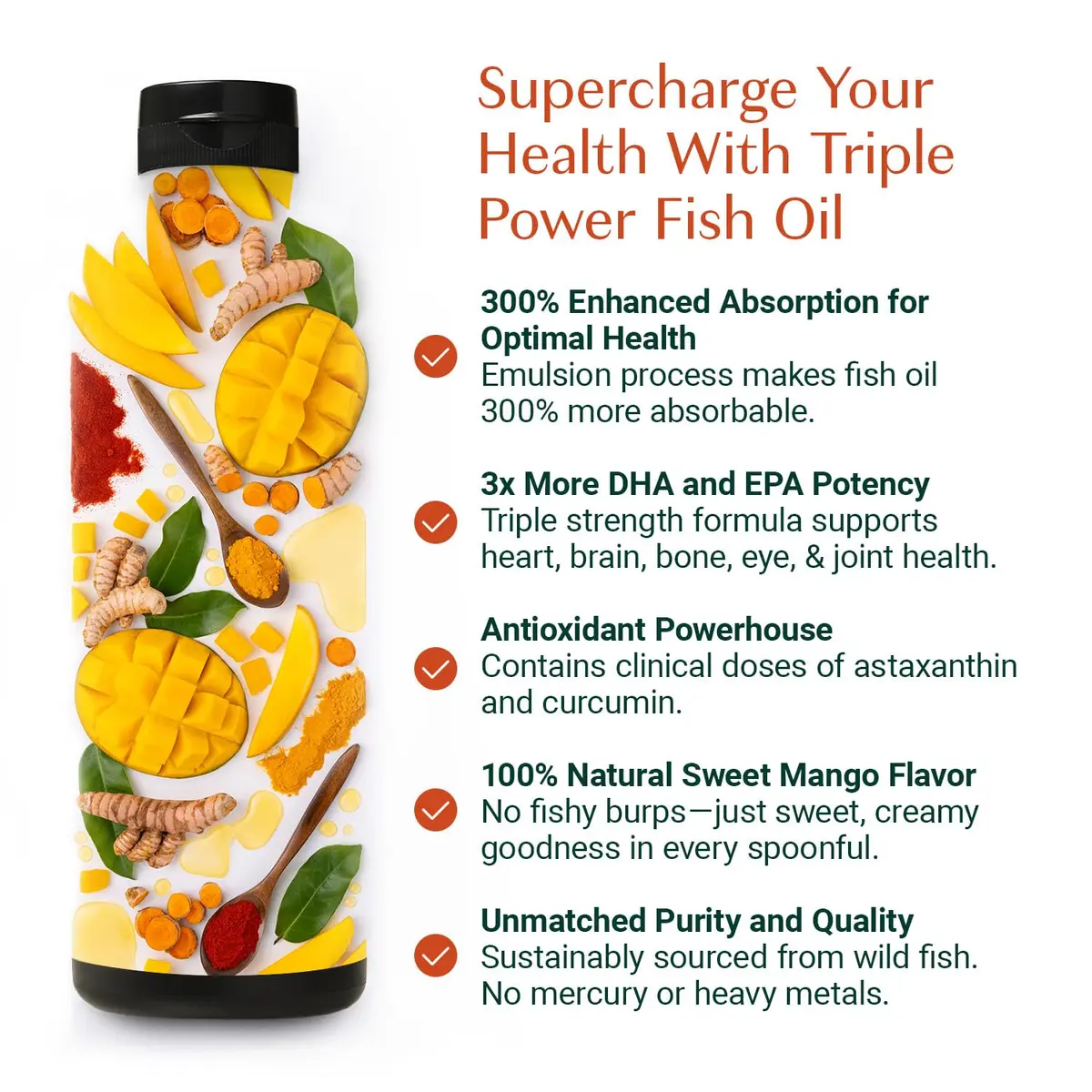 ALGAECAL Triple Power Omega 3 Fish Oil Liquid for Joints, 1200mg | Mango Flavour, 16 oz, Burp-Less, Sugar-Free - view 2