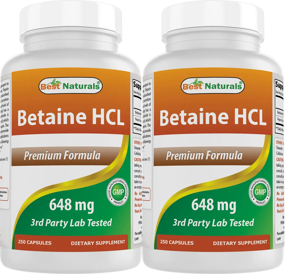 Best Naturals Betaine HCL 648 mg 500 Capsules | 3rd Party Lab Tested for Purity & Quality - main product image