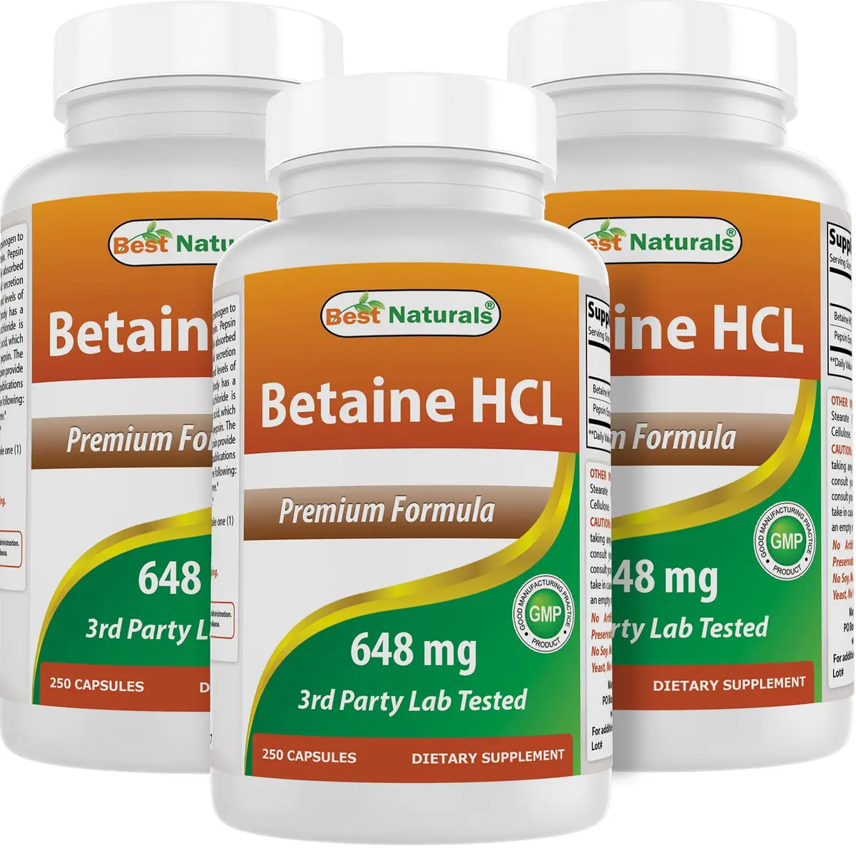 Best Naturals Betaine HCL 648 mg 250 Capsules (750 Total Capsules) | Digestive Support Supplement - main product image