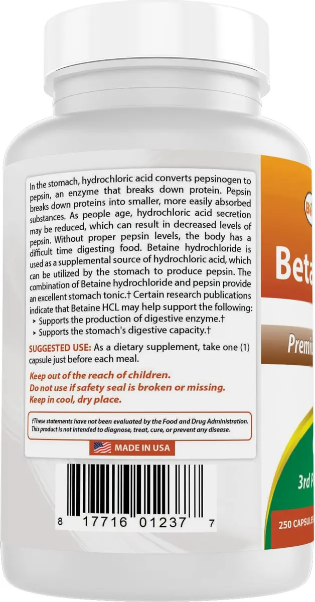 Best Naturals Betaine HCL 648 mg 250 Capsules (750 Total Capsules) | Digestive Support Supplement - view 7