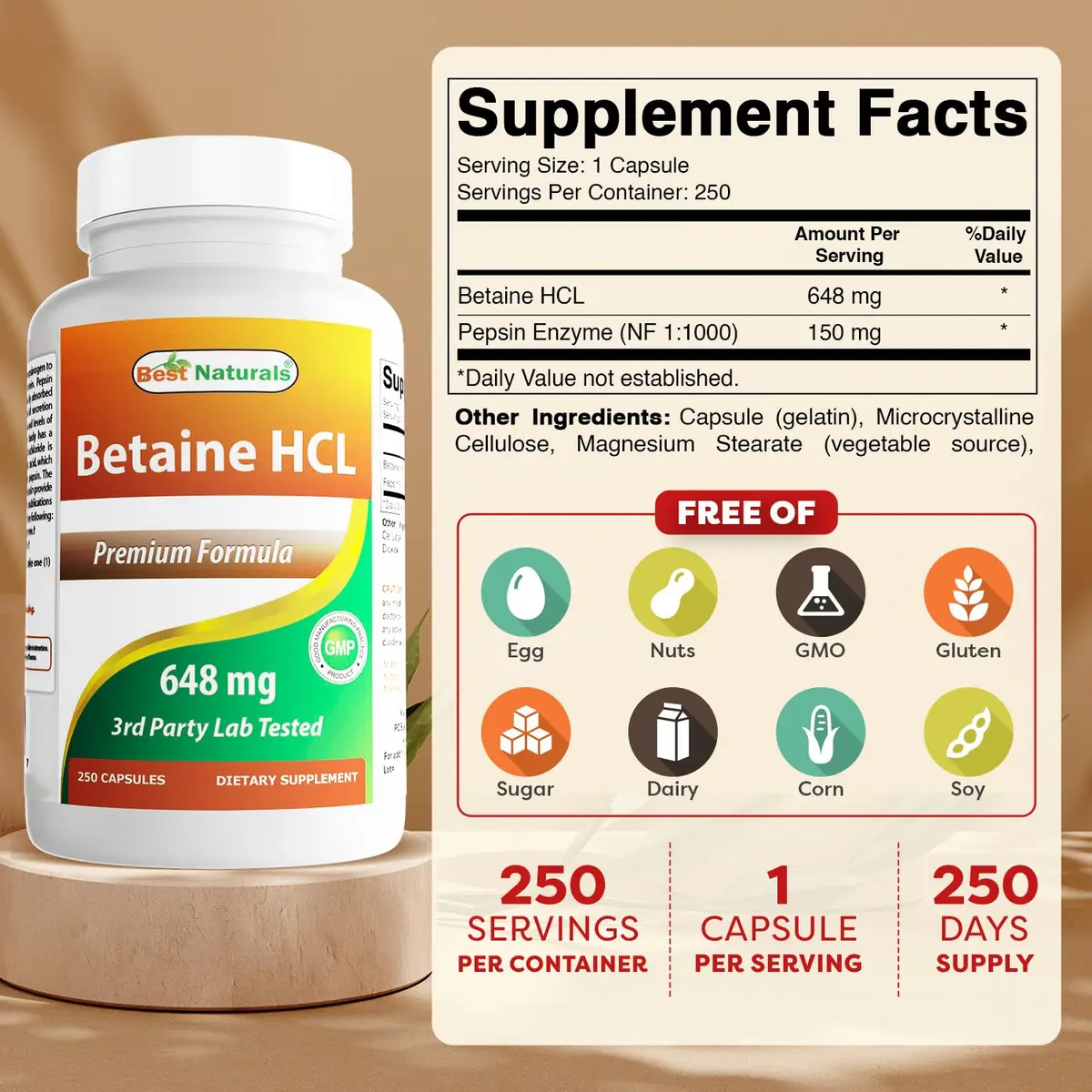 Best Naturals Betaine HCL 648 mg 250 Capsules (750 Total Capsules) | Digestive Support Supplement - view 2