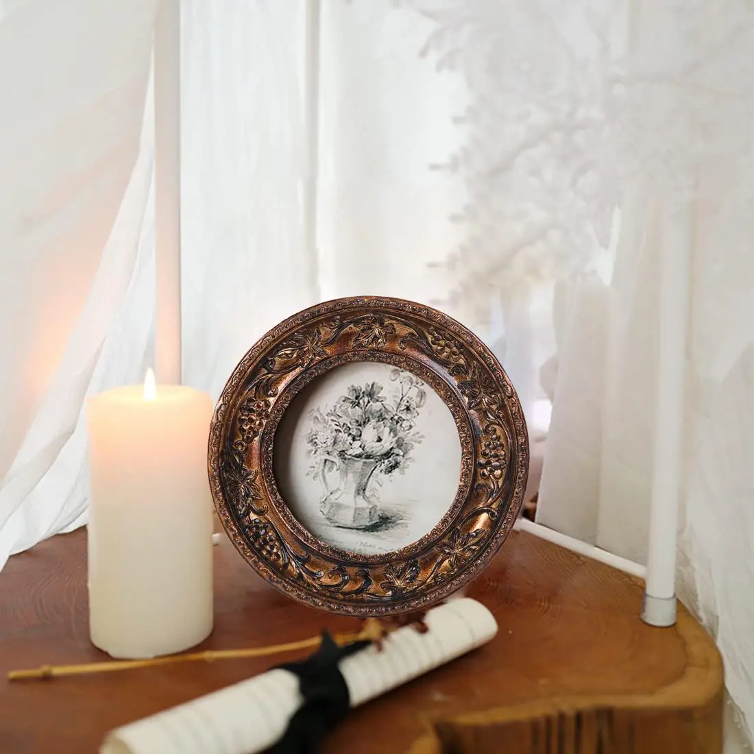 SIKOO Vintage Round Picture Frame 7.6cm (3x3 in) | Antique Bronze Gold Ornate Wall Decor - view 6