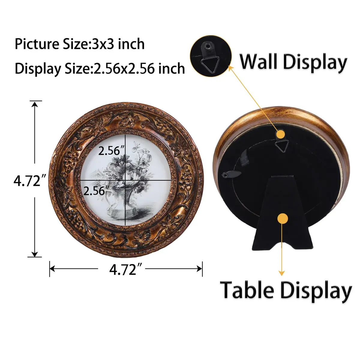 SIKOO Vintage Round Picture Frame 7.6cm (3x3 in) | Antique Bronze Gold Ornate Wall Decor - view 2