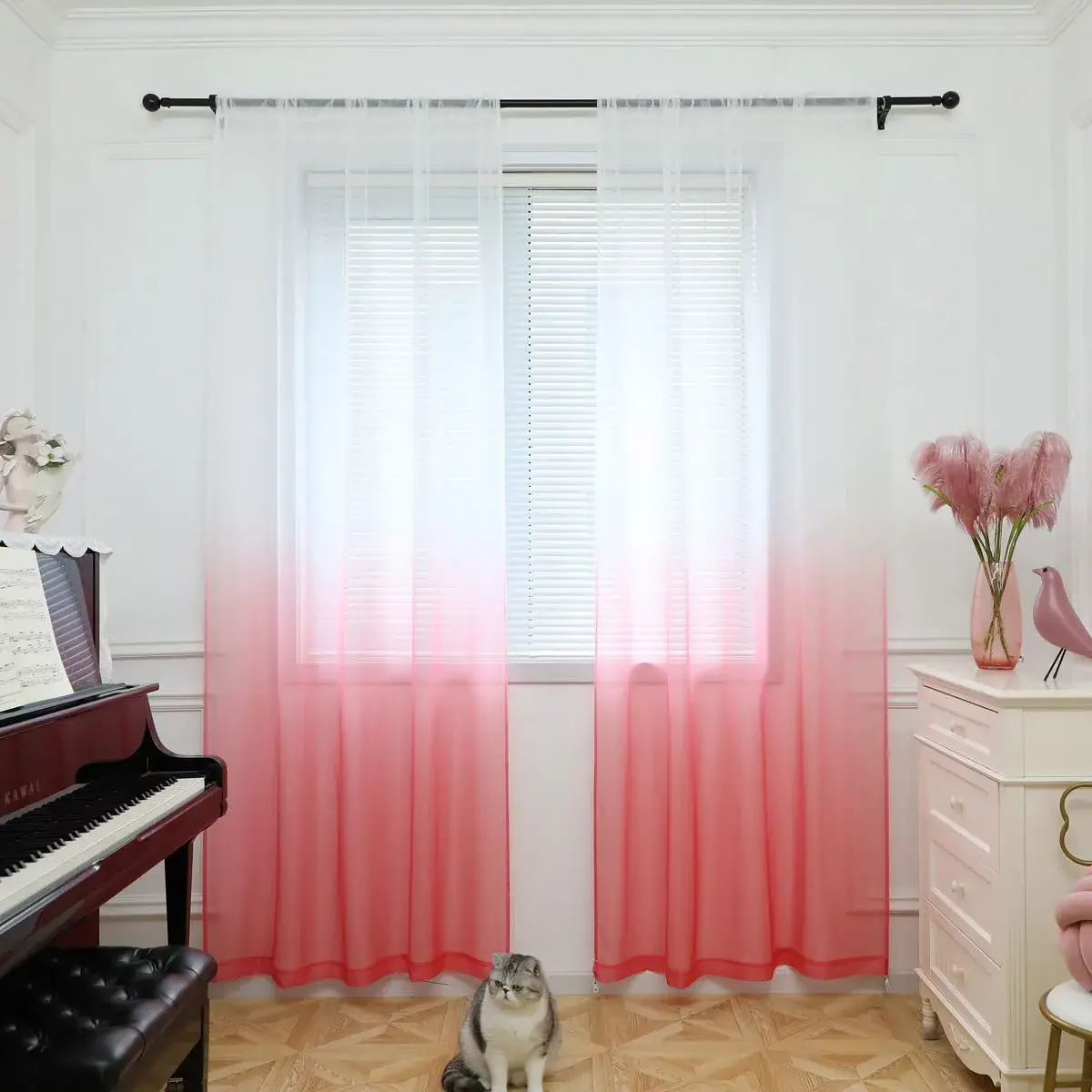 PHILEASY Gradient Red Sheer Curtains 84 Inches Long, 2 Panels - Light-Filtering Rod Pocket - main product image