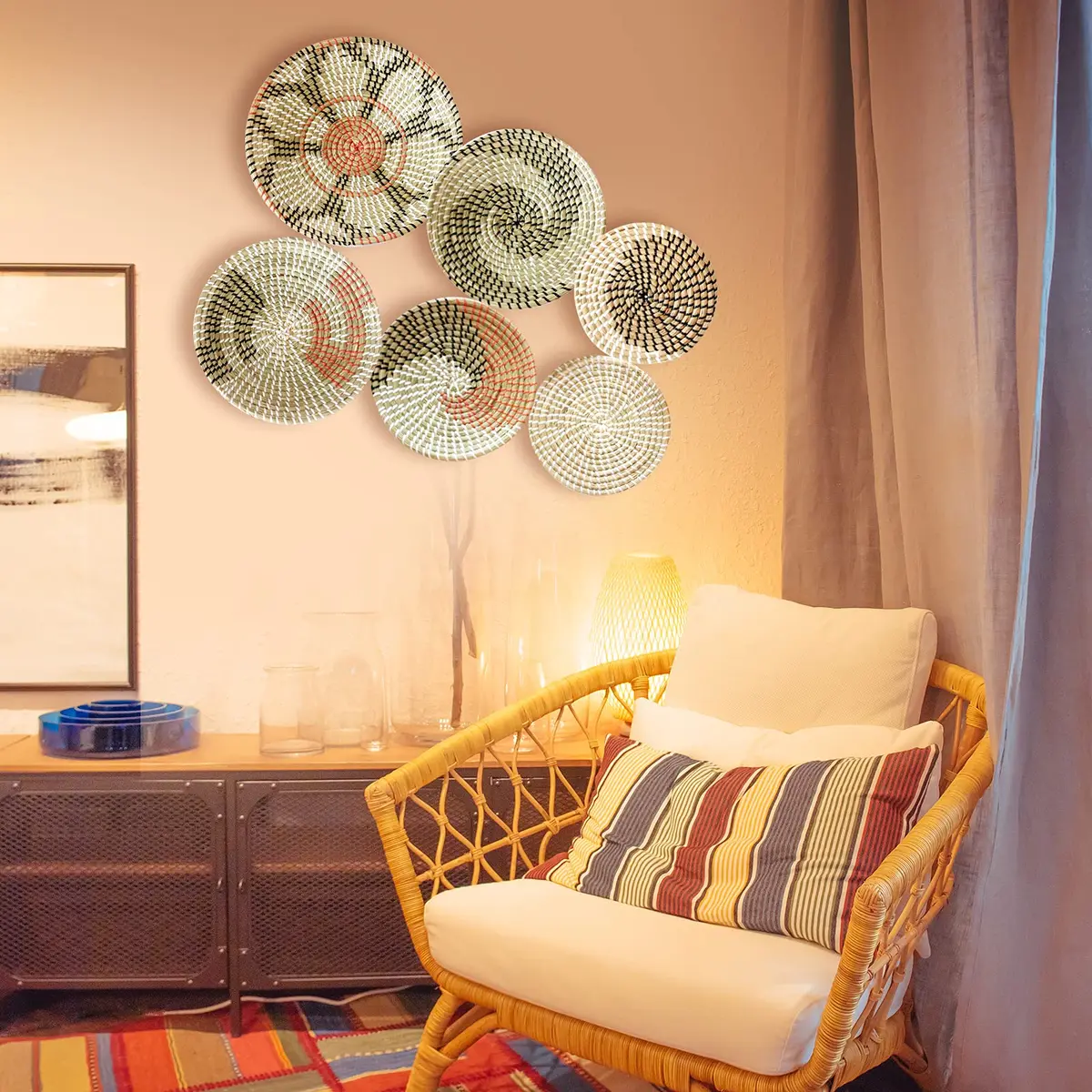 LOCS MICRAI Boho Wall Basket Decor Set of 6 | Handcrafted Seagrass Wall Art for Modern & Farmhouse Homes - view 3