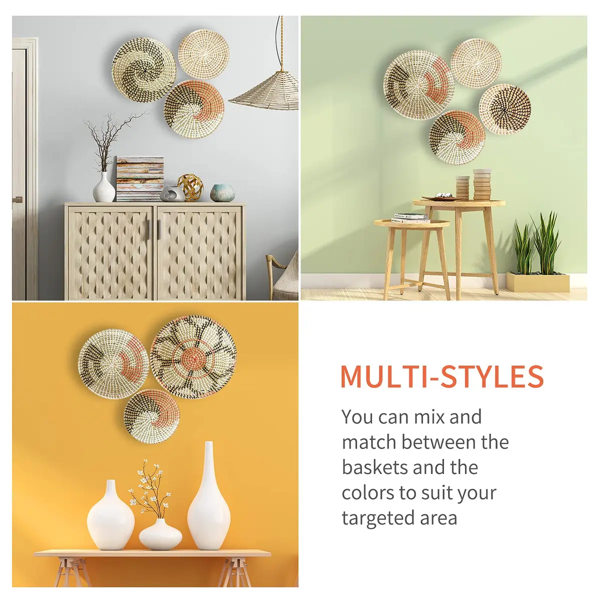 LOCS MICRAI Boho Wall Basket Decor Set of 6 | Handcrafted Seagrass Wall Art for Modern & Farmhouse Homes - view 4