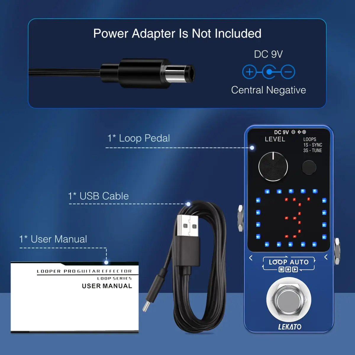 LEKATO Loop Auto Guitar Looper Pedal with Tuner & Sync Function | 18 Min Record Time, 3 Loops, Unlimited Overdubs - view 7