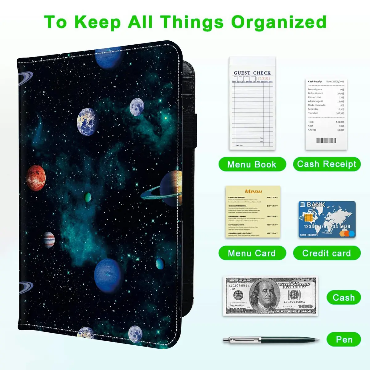JANENFNA Server Books for Waitress with 7 Large Pockets | Waterproof PU Leather Organizer for Food Service (70-120c) - view 5