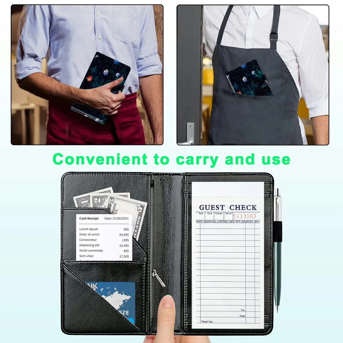 JANENFNA Server Books for Waitress with 7 Large Pockets | Waterproof PU Leather Organizer for Food Service (70-120c) - view 4