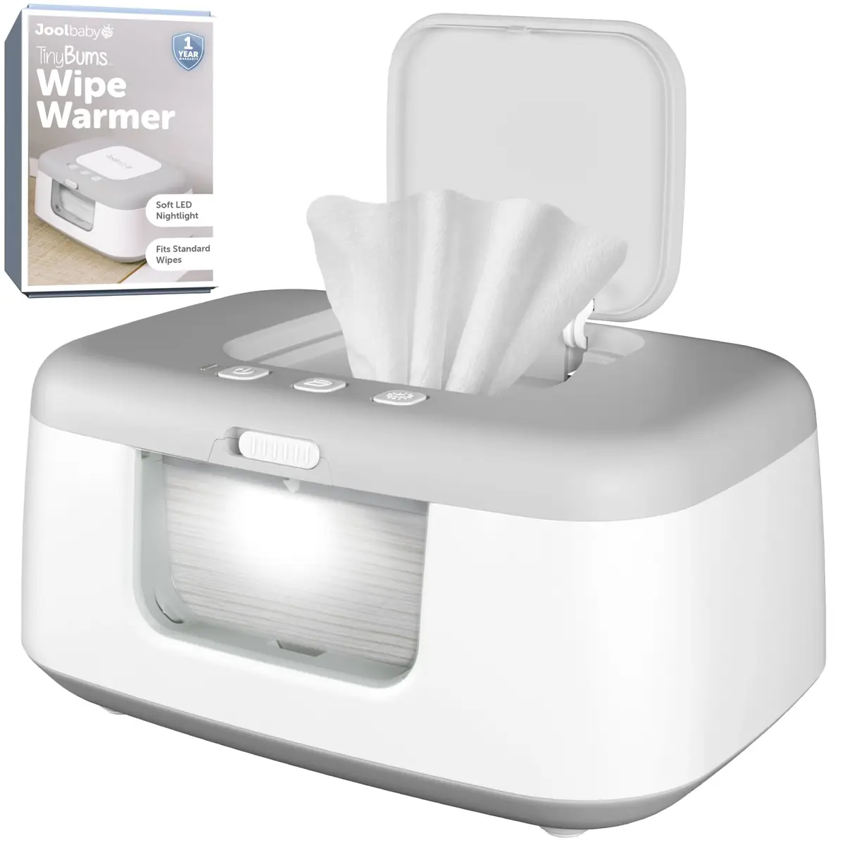 Jool Baby TinyBums Baby Wipe Warmer & Dispenser with LED Changing Light & On/Off Switch (Gray) | Safe Warmth for Night Diaper Changes - main product image