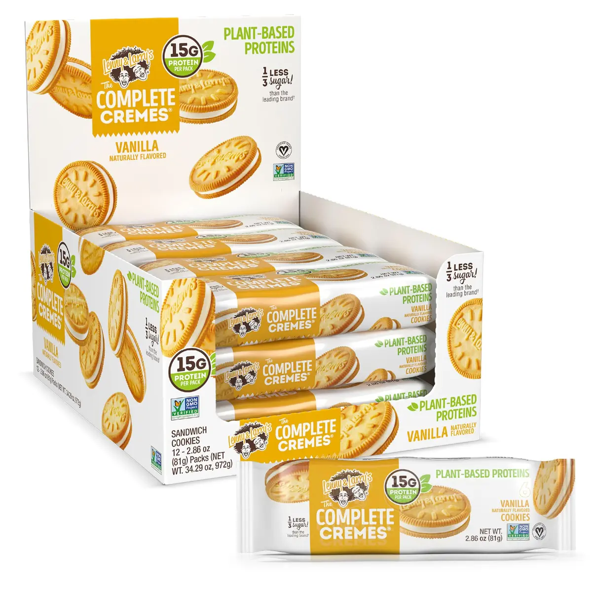 Lenny & Larry's Complete Cremes Vanilla Sandwich Cookies 2.86oz (81g) | Plant-Based Protein & Less Sugar - main product image