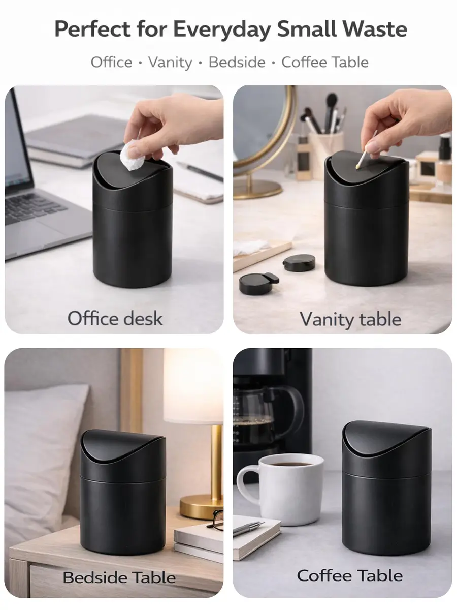 JILLICK Matte Black Mini Trash Can with Lid 1.5L (0.4 Gal) | Compact Metal Swing Top Waste Bin for Desks & Coffee Bars - view 5