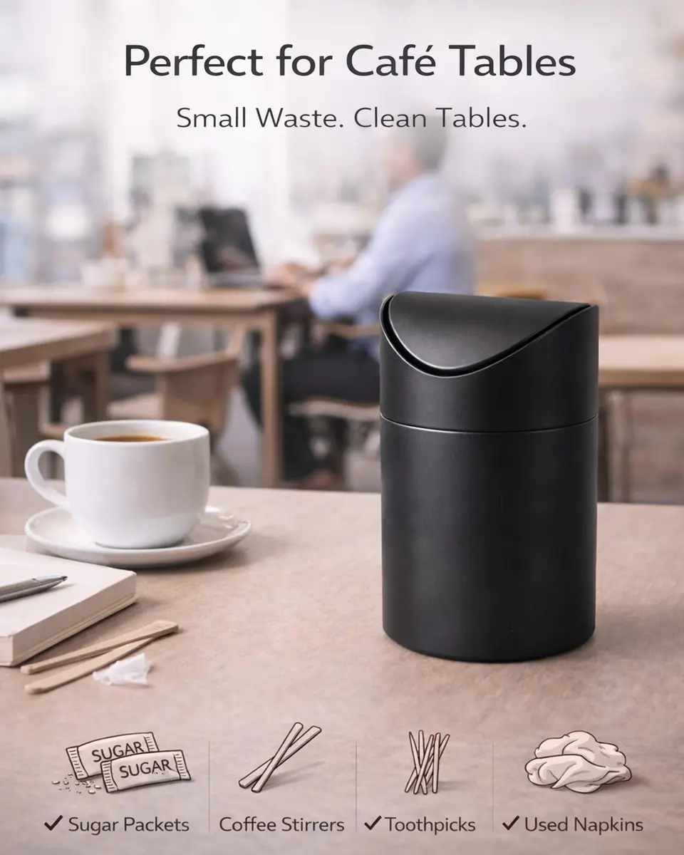 JILLICK Matte Black Mini Trash Can with Lid 1.5L (0.4 Gal) | Compact Metal Swing Top Waste Bin for Desks & Coffee Bars - view 6