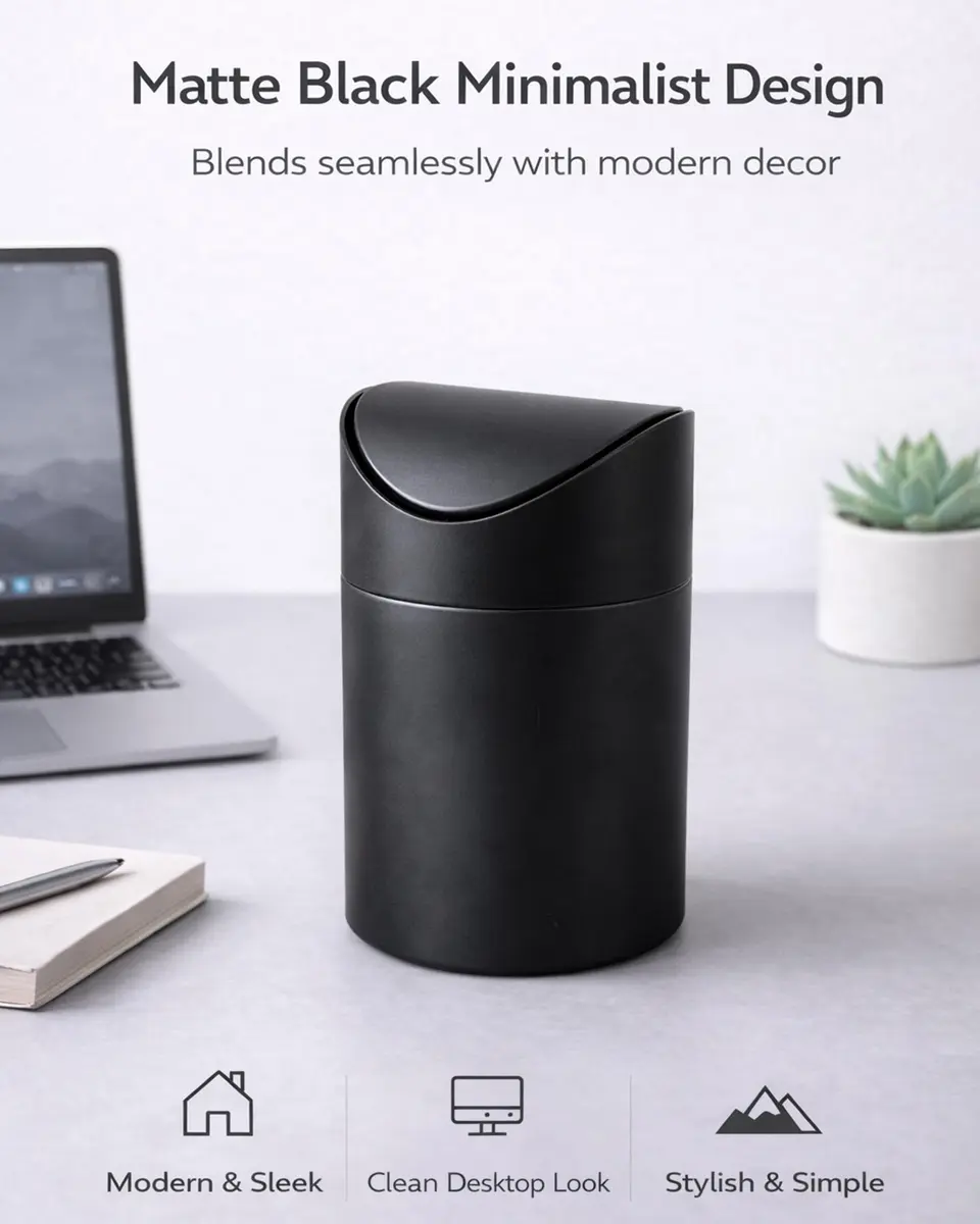 JILLICK Matte Black Mini Trash Can with Lid 1.5L (0.4 Gal) | Compact Metal Swing Top Waste Bin for Desks & Coffee Bars - view 7