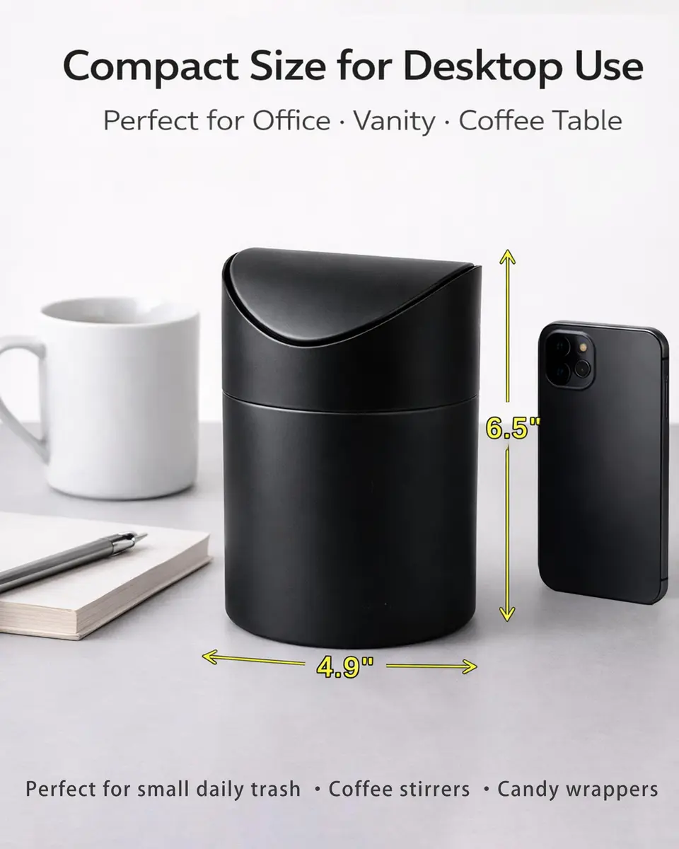 JILLICK Matte Black Mini Trash Can with Lid 1.5L (0.4 Gal) | Compact Metal Swing Top Waste Bin for Desks & Coffee Bars - view 2