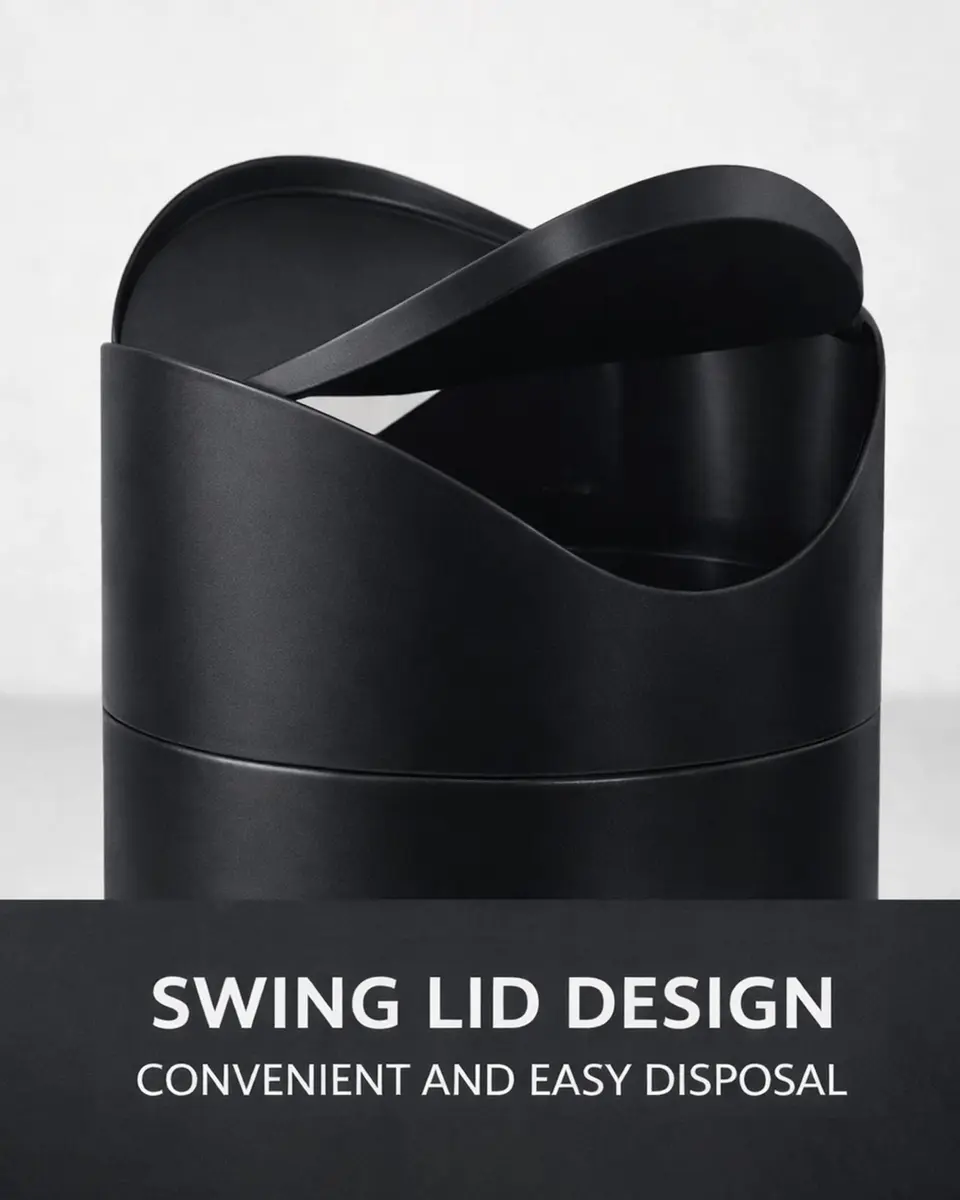 JILLICK Matte Black Mini Trash Can with Lid 1.5L (0.4 Gal) | Compact Metal Swing Top Waste Bin for Desks & Coffee Bars - view 3